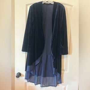 Size 16/18 Womens Ruffled Asymmetric Long Velvet Blazer- dark blue